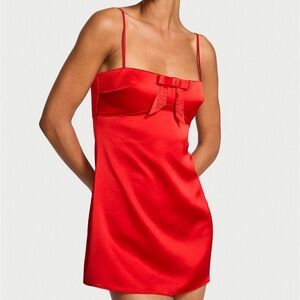 NWT VICTORIA’S SECRET Red Twinkle Bow Satin Mini Slip Dress | Dream Angels, S